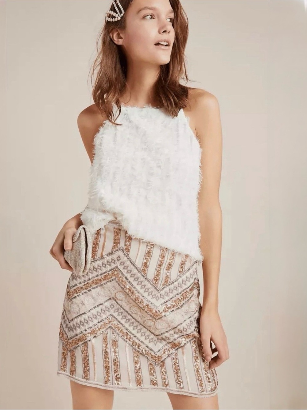 ANTHROPOLOGIE, Darla Embroidered Mini Skirt in Neutral, Size 6
